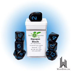 SET OF 7 DICE: OPAQUE BLACK/LIGHT BLUE